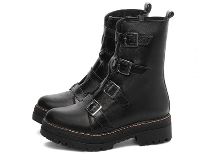 Bota Coturno Couro Preto Tratorada Fivela Grafite