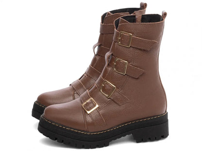 Bota Coturno Couro Marrom Tratorada com Fivela Ouro