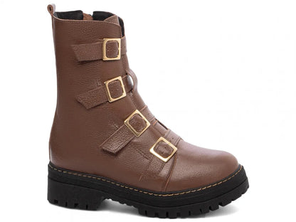 Bota Coturno Couro Marrom Tratorada com Fivela Ouro