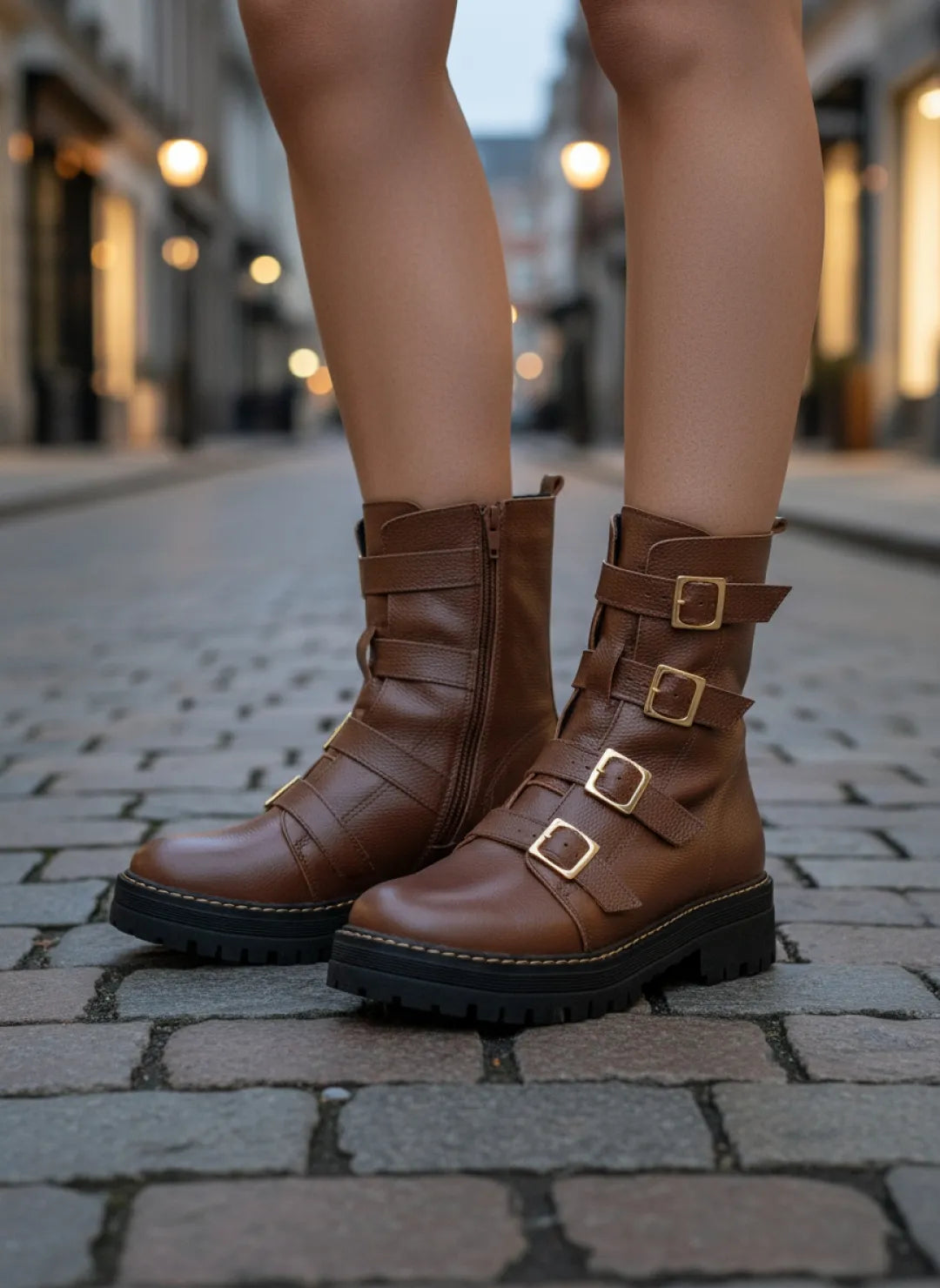 Bota Coturno Couro Marrom Tratorada com Fivela Ouro