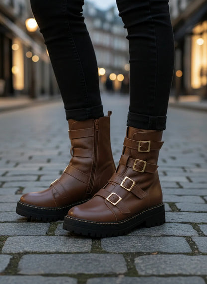 Bota Coturno Couro Marrom Tratorada com Fivela Ouro