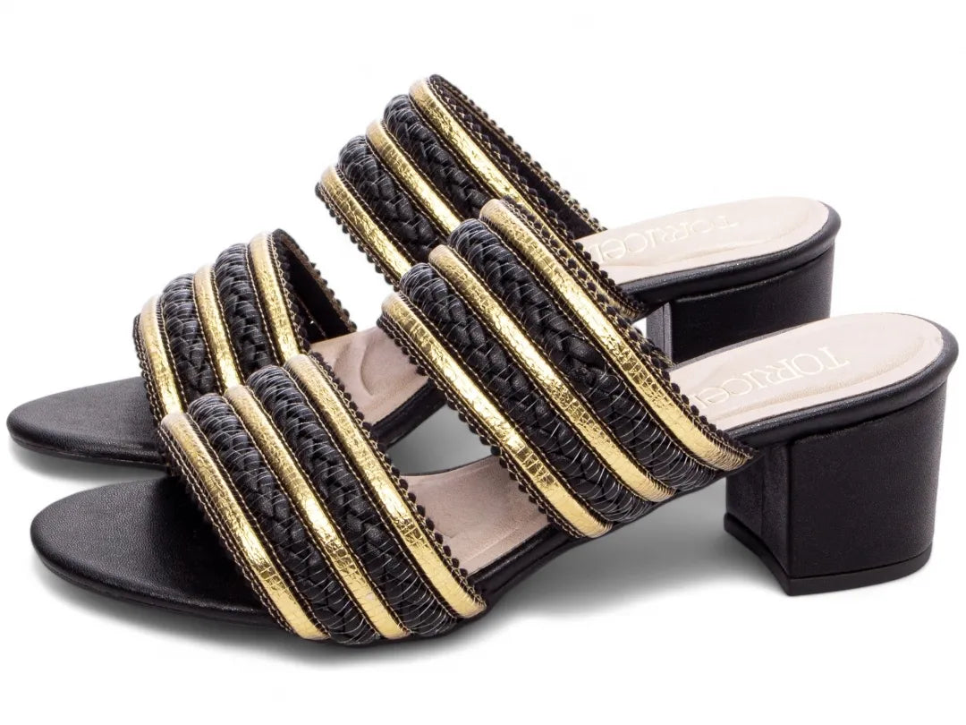 Sandália Torricella Napa Trançado Preto e Dourado | Black Friday Hyly Prime