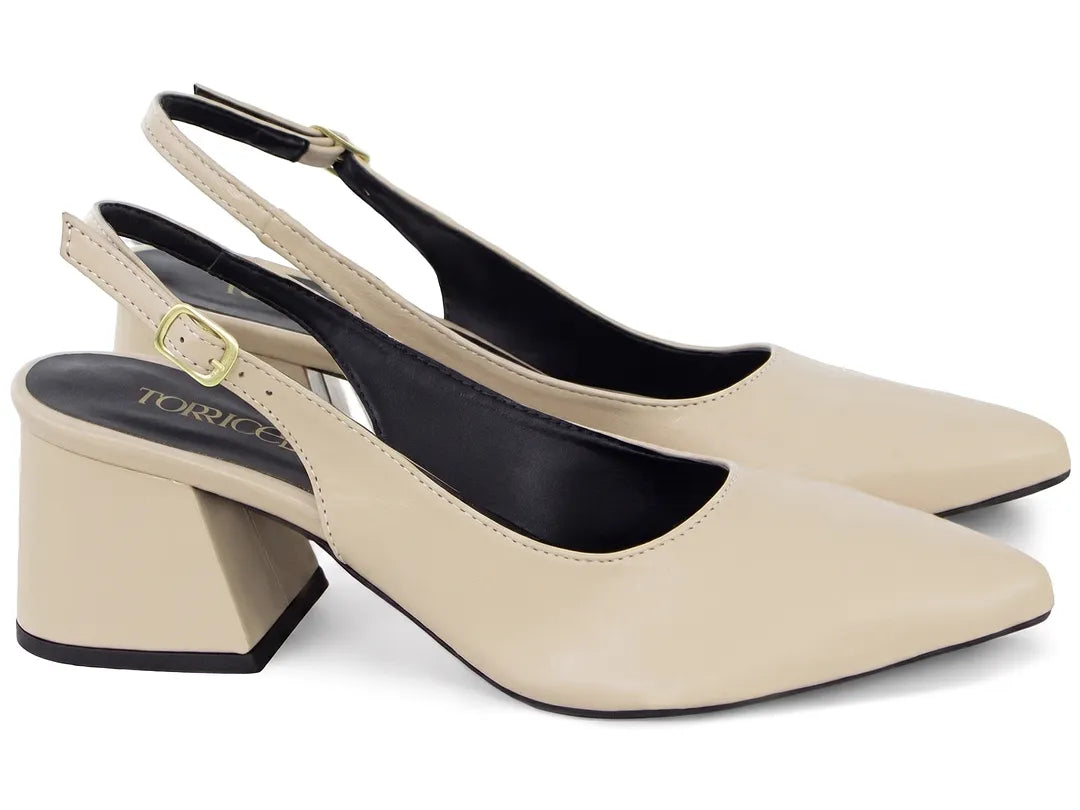 Sapato Scarpin Slingback Bege Salto Bloco 6cm
