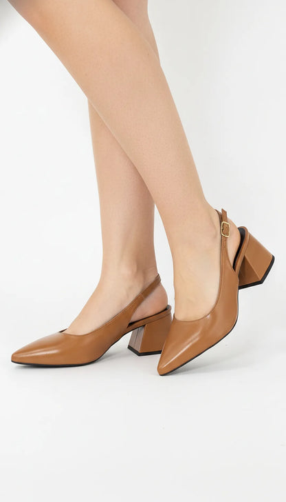 Sapato Scarpin Slingback Caramelo Salto Bloco 6cm