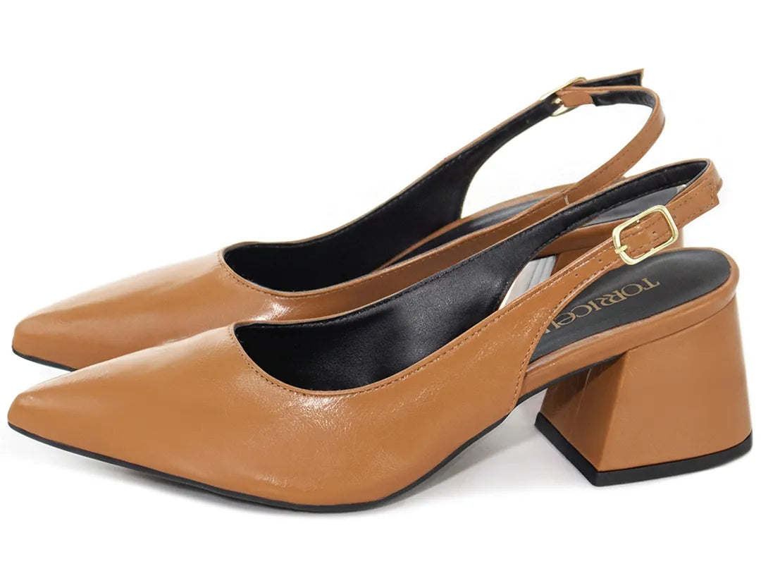 Sapato Scarpin Slingback Caramelo Salto Bloco 6cm