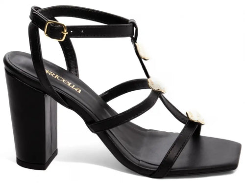 Sandália Feminina Preta com Detalhes Dourados e Salto Grosso 9 cm