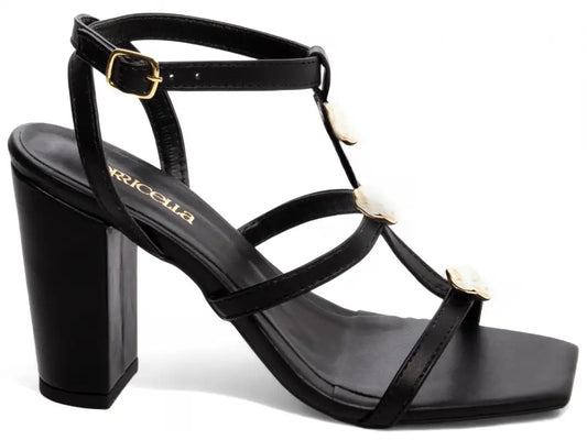 Sandália Feminina Preta com Detalhes Dourados e Salto Grosso 9 cm