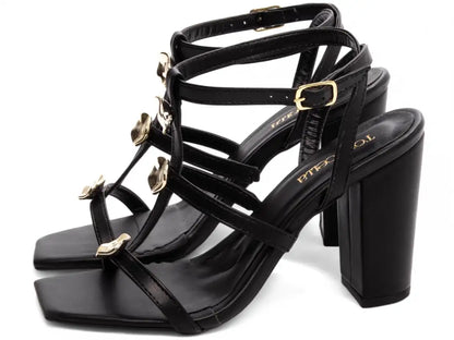 Sandália Feminina Preta com Detalhes Dourados e Salto Grosso 9 cm