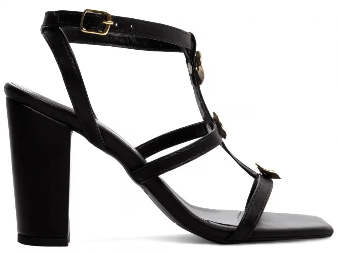 Sandália Feminina Preta com Detalhes Dourados e Salto Grosso 9 cm