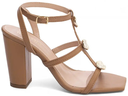 Sandália Feminina Elegante Caramelo com Salto Grosso Antiderrapante