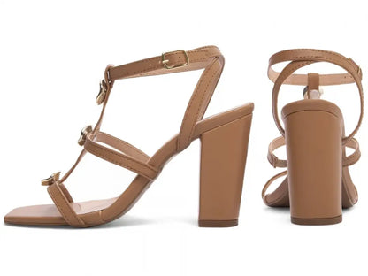 Sandália Feminina Elegante Caramelo com Salto Grosso Antiderrapante