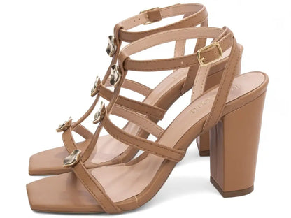 Sandália Feminina Elegante Caramelo com Salto Grosso Antiderrapante