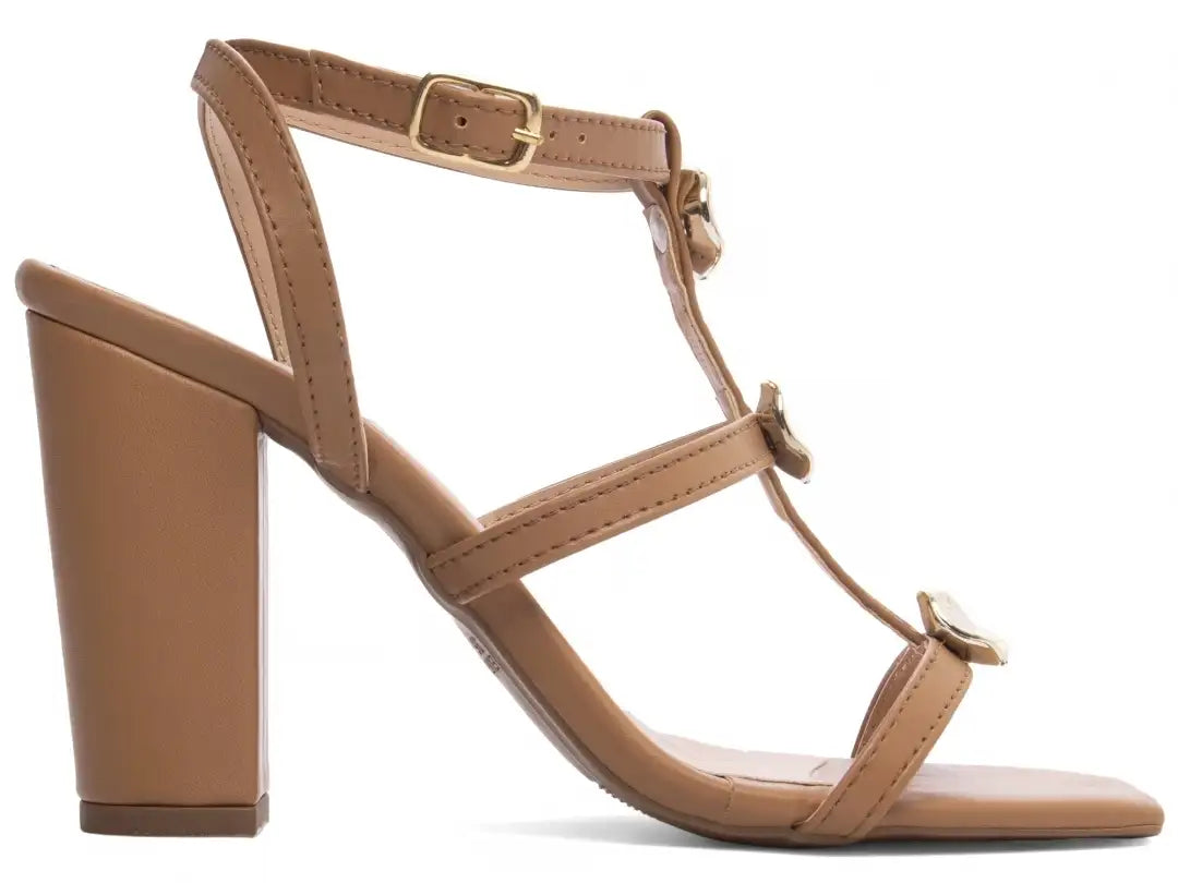 Sandália Feminina Elegante Caramelo com Salto Grosso Antiderrapante