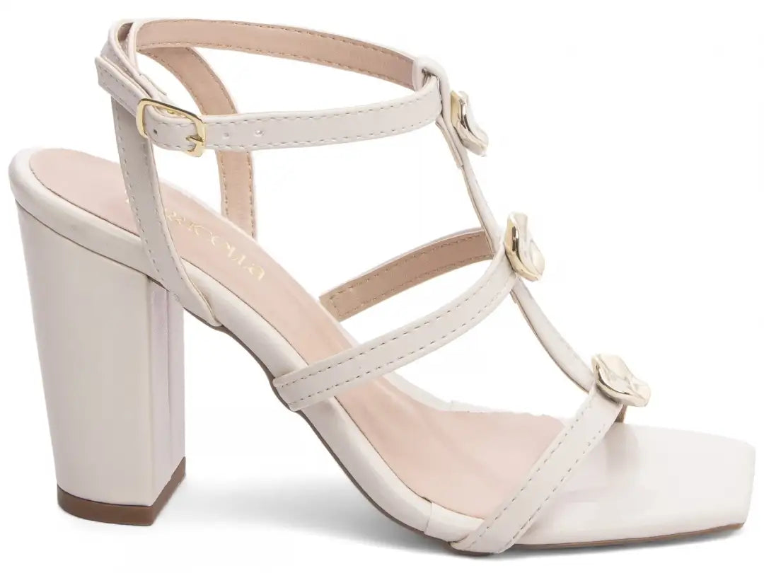 Sandália Feminina Elegante Off White com Salto Grosso Antiderrapante