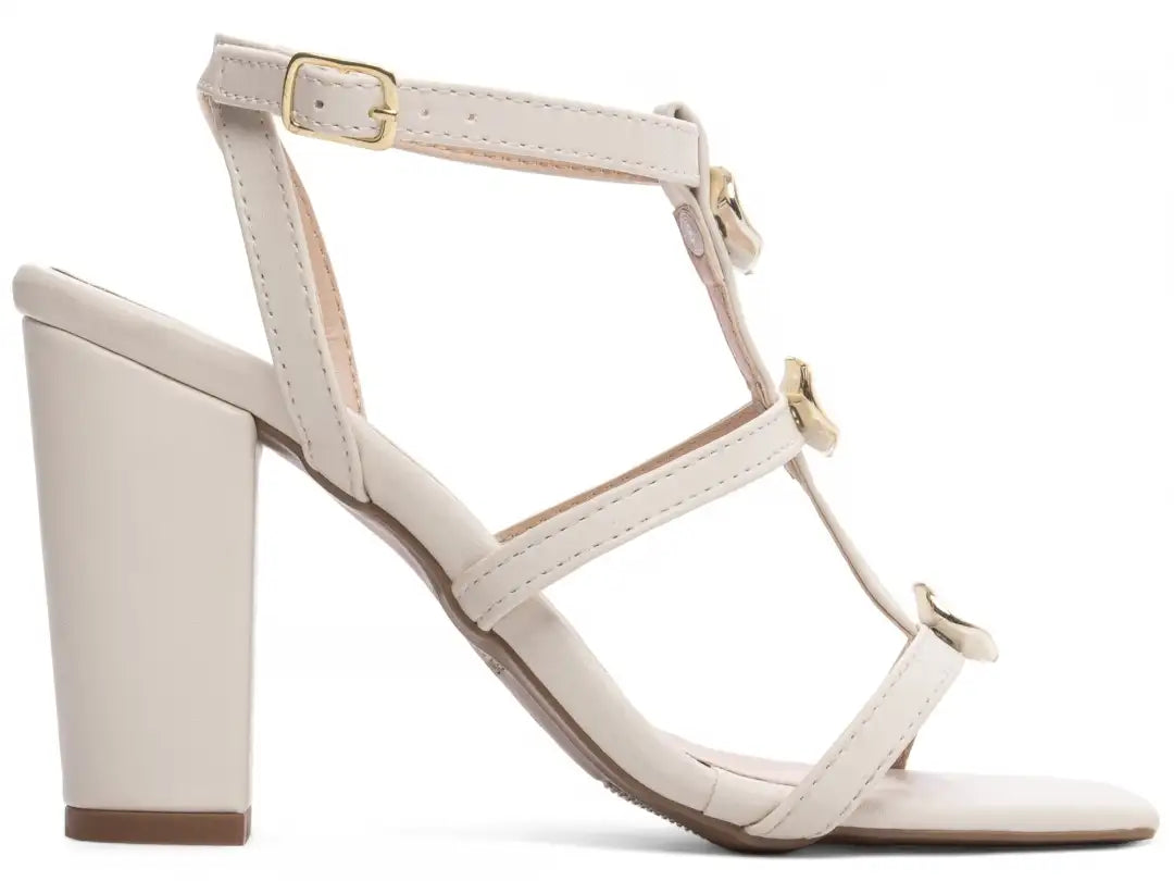 Sandália Feminina Elegante Off White com Salto Grosso Antiderrapante