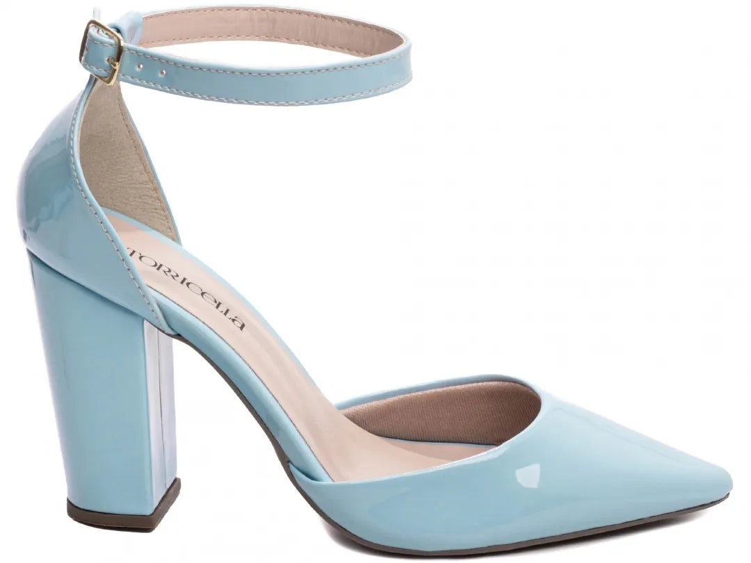 Sapato Scarpin Verniz Azul Salto 9cm com Fivela