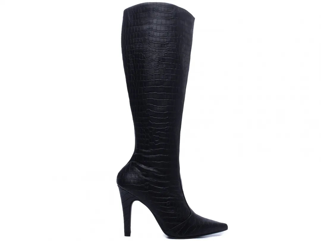 Bota Cano Alto Bico Fino Napa Croco Preto Salto 10cm