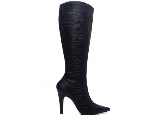 Bota Cano Alto Bico Fino Napa Croco Preto Salto 10cm