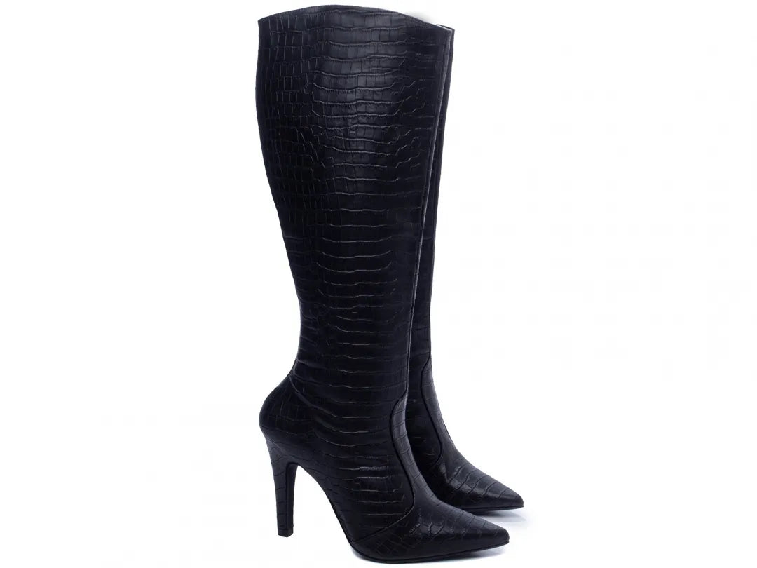 Bota Cano Alto Bico Fino Napa Croco Preto Salto 10cm