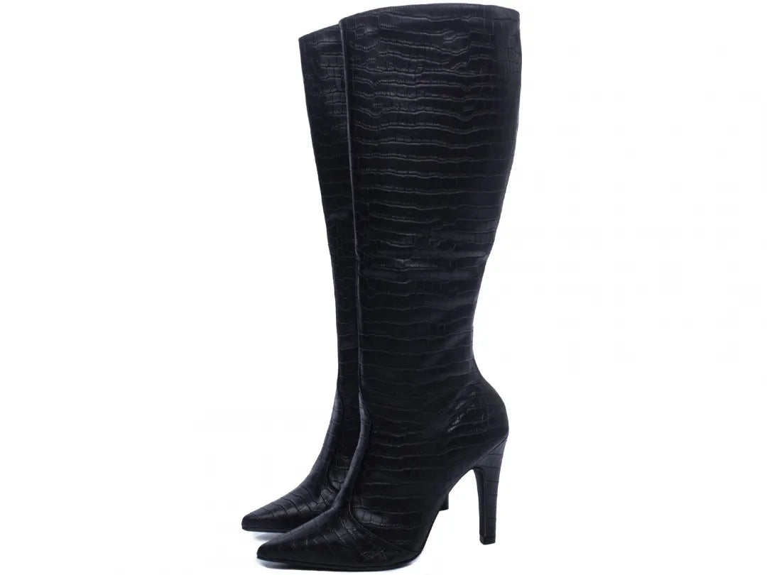 Bota Cano Alto Bico Fino Napa Croco Preto Salto 10cm
