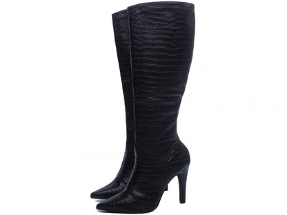 Bota Cano Alto Bico Fino Napa Croco Preto Salto 10cm