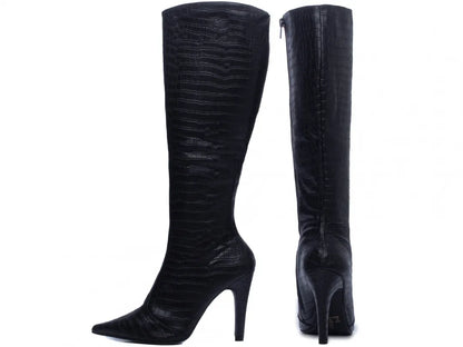 Bota Cano Alto Bico Fino Napa Croco Preto Salto 10cm