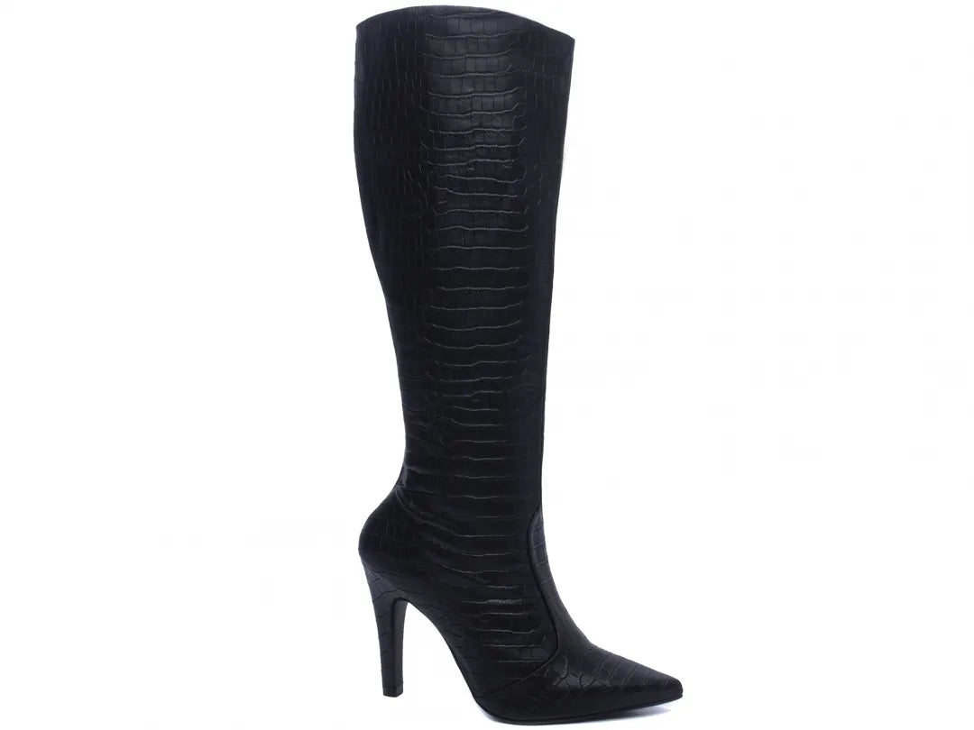 Bota Cano Alto Bico Fino Napa Croco Preto Salto 10cm