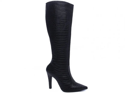 Bota Cano Alto Bico Fino Napa Croco Preto Salto 10cm