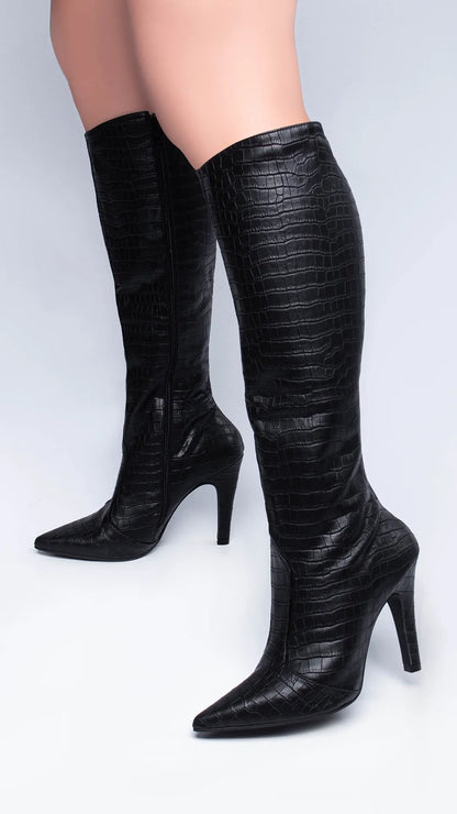 Bota Cano Alto Bico Fino Napa Croco Preto Salto 10cm