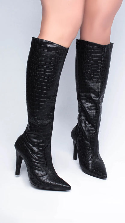 Bota Cano Alto Bico Fino Napa Croco Preto Salto 10cm