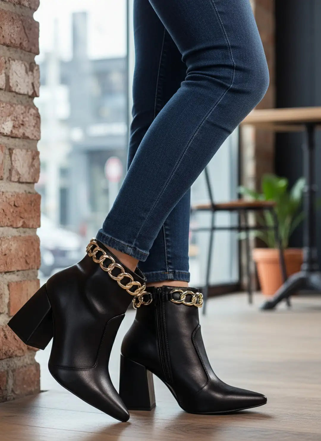 Bota Bico Fino Napa Preto com Corrente Dourada