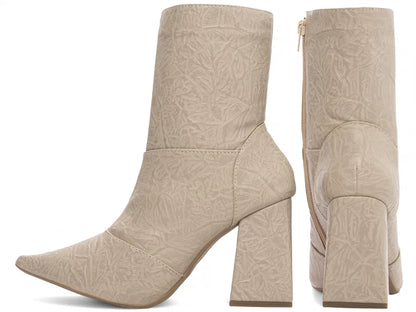 Bota Bico Fino Napa Vintage Bege Flor Caramelo