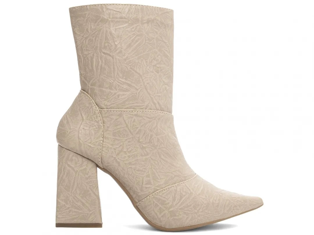 Bota Bico Fino Napa Vintage Bege Flor Caramelo