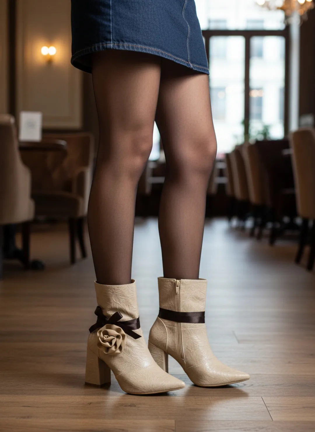Bota Bico Fino Napa Vintage Bege Flor Caramelo