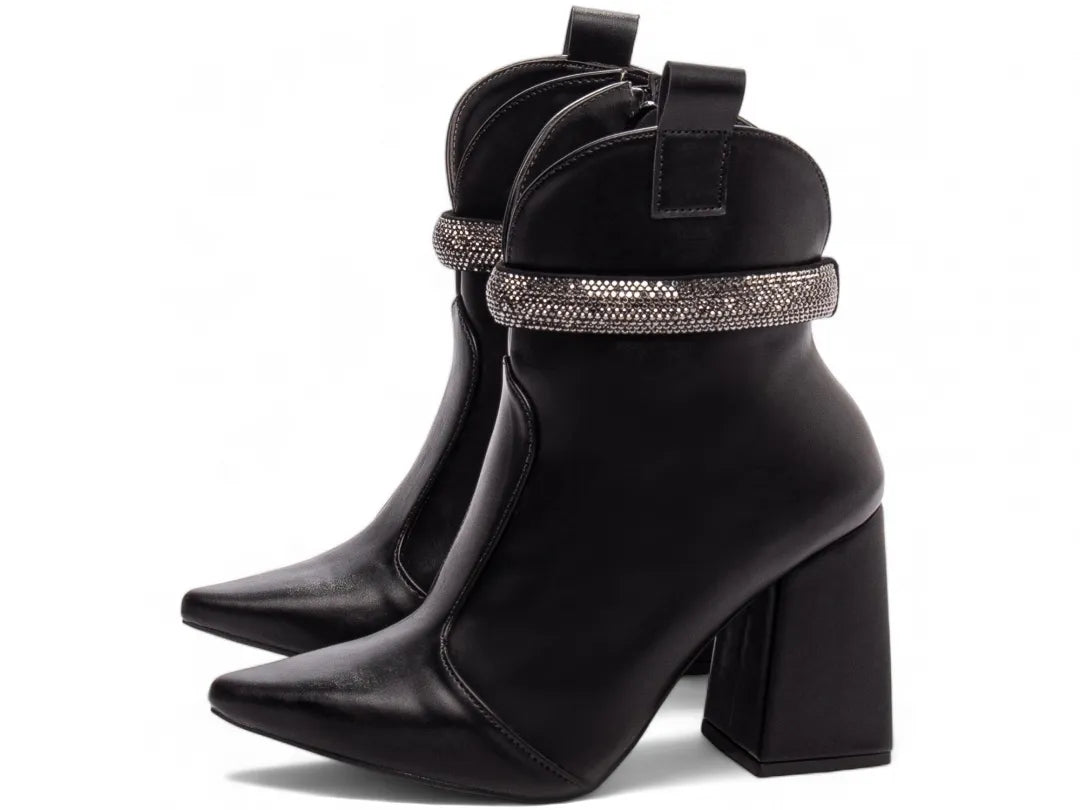 Bota Bico Fino Napa Preto com Strass Removível