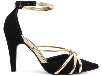 Sandália Salto Fino Nobuck Preto com Metalizado Ouro Light