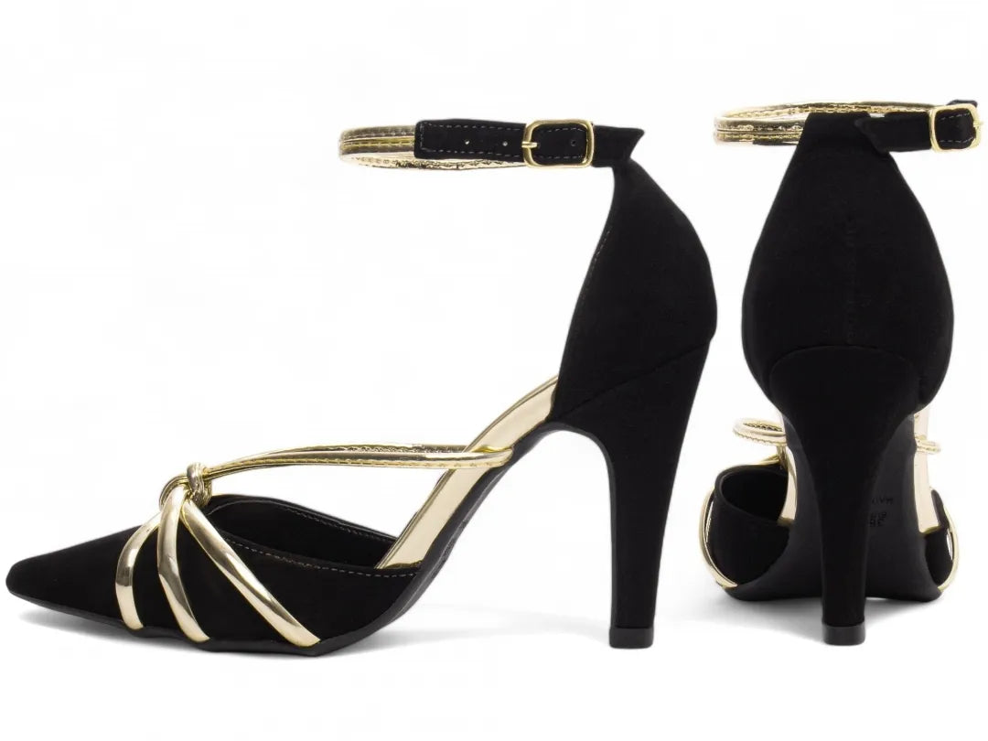 Sandália Salto Fino Nobuck Preto com Metalizado Ouro Light