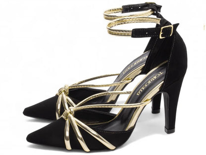 Sandália Salto Fino Nobuck Preto com Metalizado Ouro Light