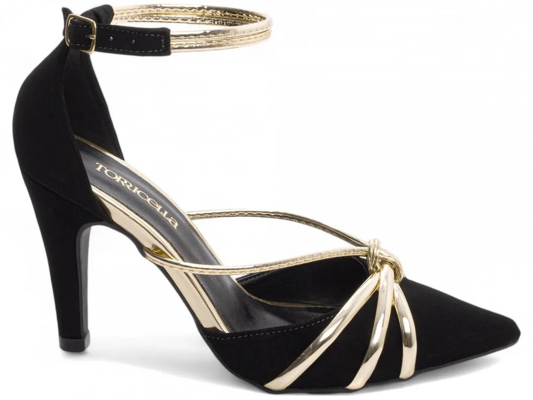 Sandália Salto Fino Nobuck Preto com Metalizado Ouro Light