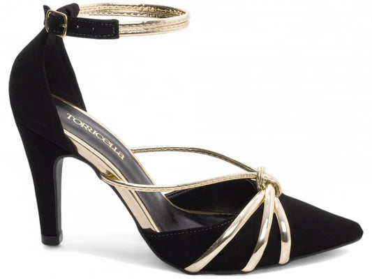 Sandália Salto Fino Nobuck Preto com Metalizado Ouro Light