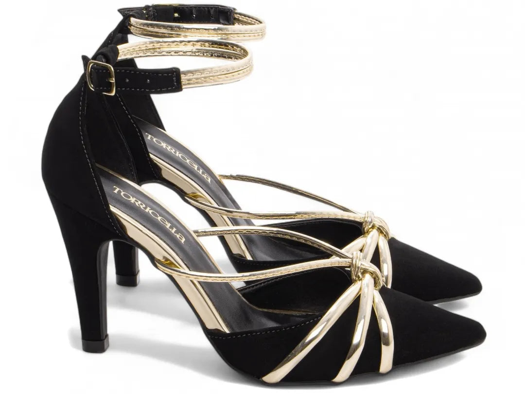 Sandália Salto Fino Nobuck Preto com Metalizado Ouro Light