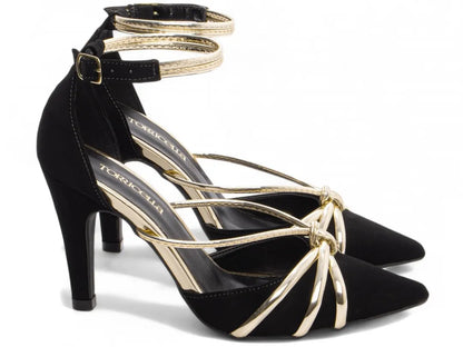 Sandália Salto Fino Nobuck Preto com Metalizado Ouro Light