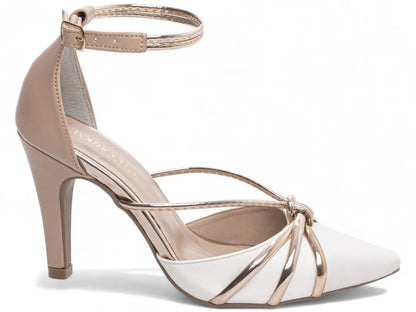 Sandália Salto Fino Branco Rosê com Metalizado Specchio Rosê