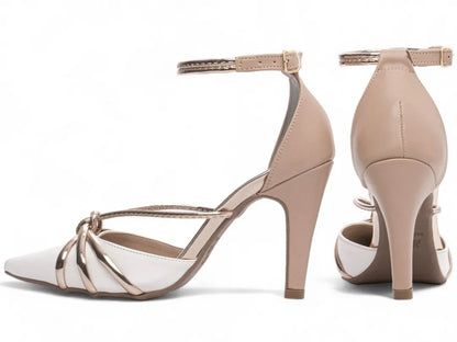 Sandália Salto Fino Branco Rosê com Metalizado Specchio Rosê