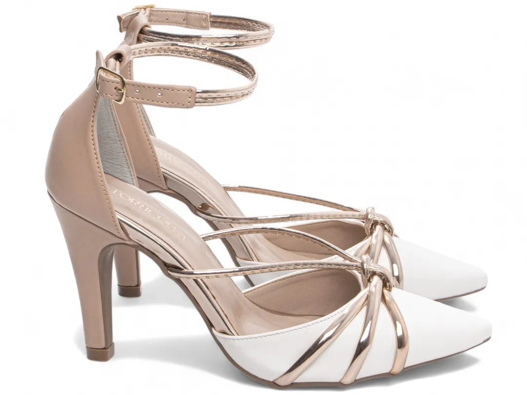 Sandália Salto Fino Branco Rosê com Metalizado Specchio Rosê