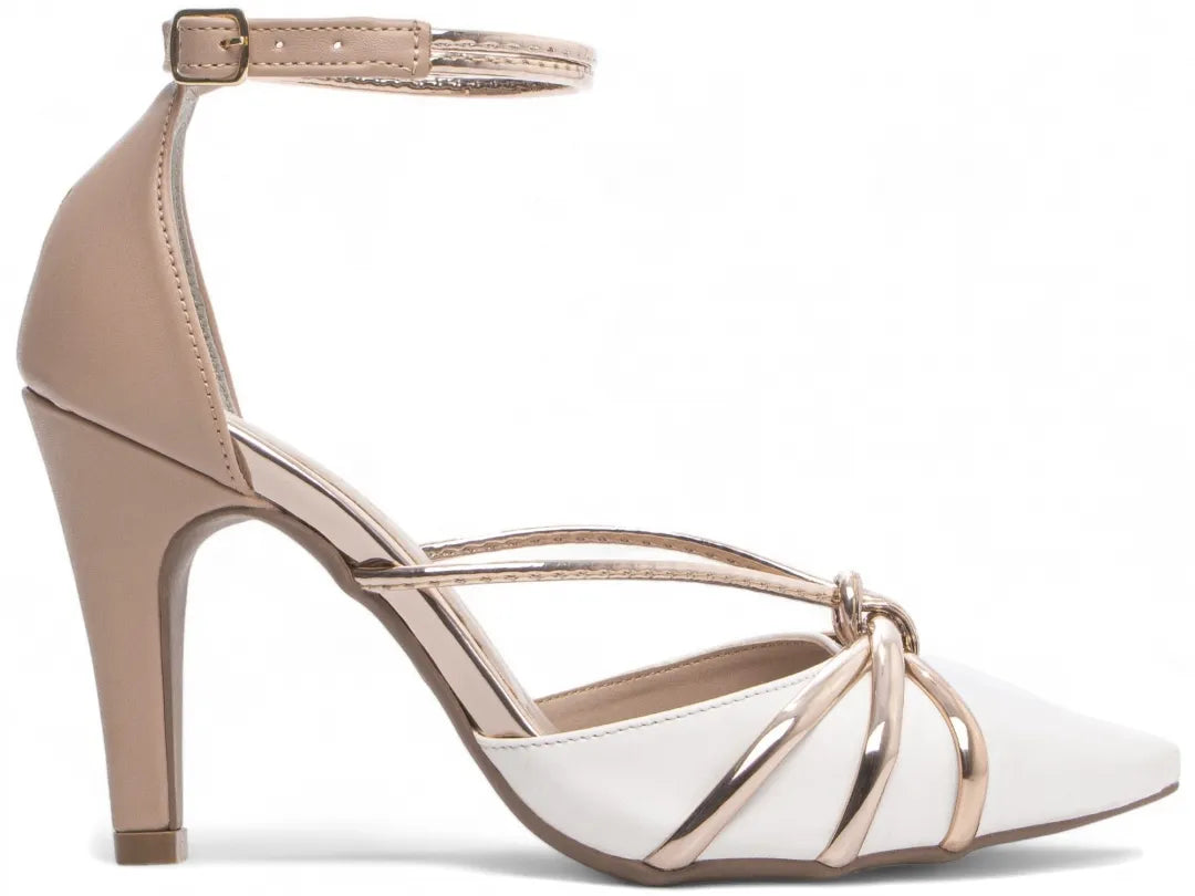 Sandália Salto Fino Branco Rosê com Metalizado Specchio Rosê