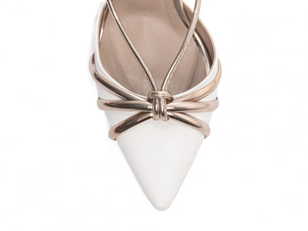 Sandália Salto Fino Branco Rosê com Metalizado Specchio Rosê