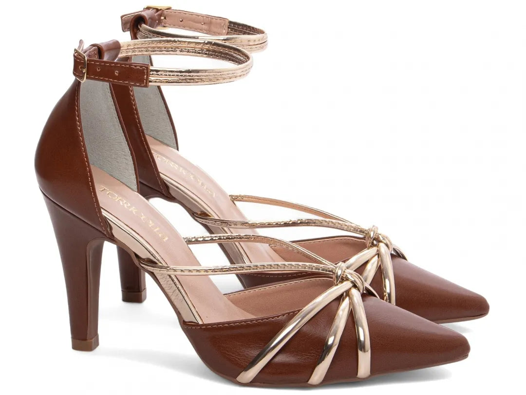 Sapato Scarpin Caramelo e Ouro Light Salto 9cm