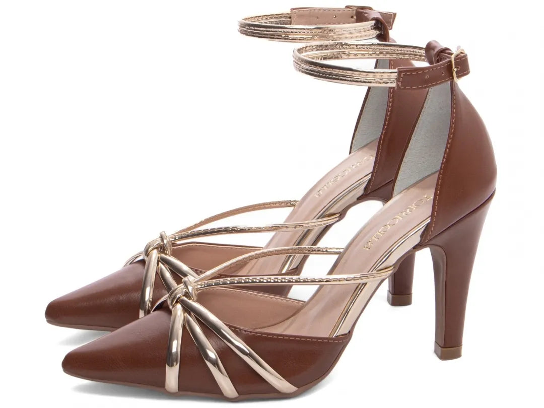 Sapato Scarpin Caramelo e Ouro Light Salto 9cm