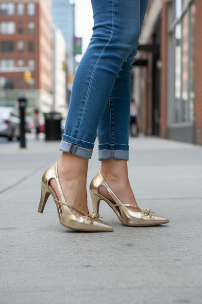 Sapato Scarpin Dourado e Ouro Light com Laço Salto 9cm